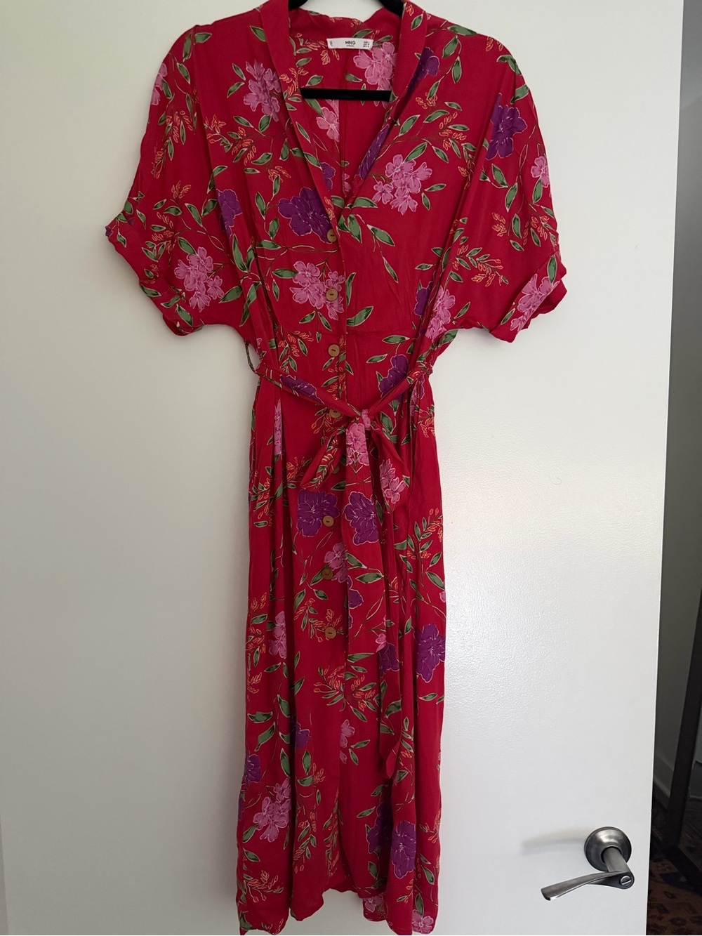 MANGO Red Floral Button-Front Midi Dress with Summery Pink and Purple Florals